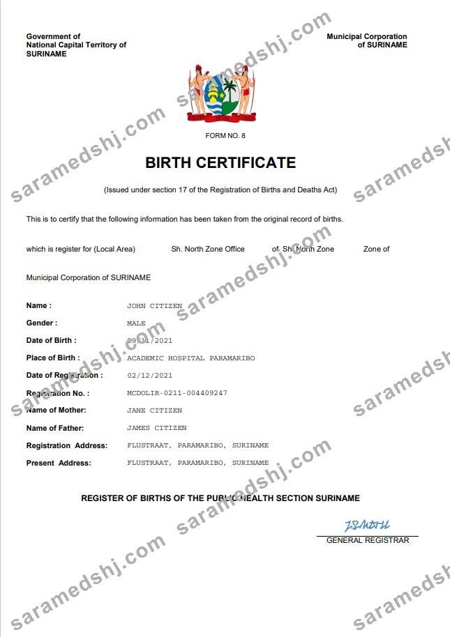 Suriname vital record birth certificate Word and PDF template